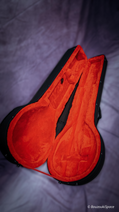 Open bouzouki case showing red plush lining and shaped neck support